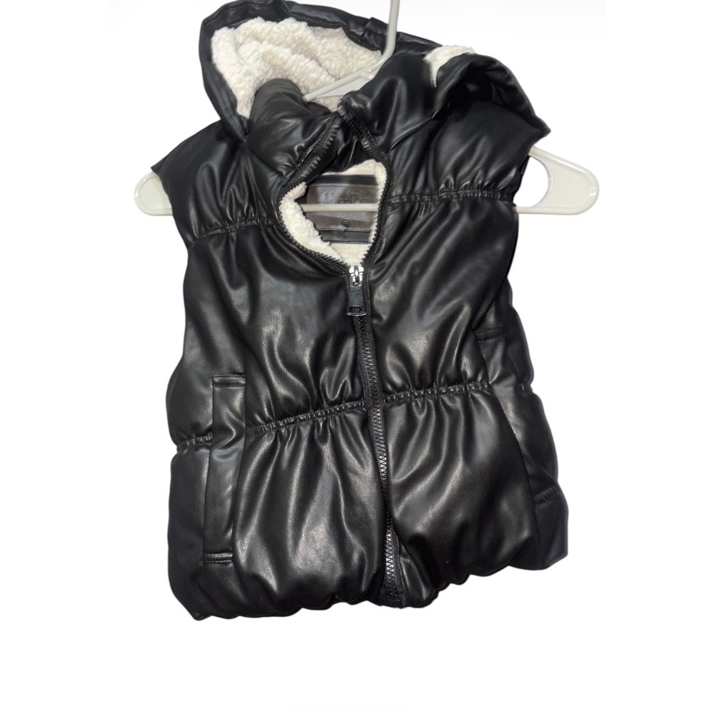 Miss Posh Girls Black Faux Leather Sherpa Hooded Puffer Vest Size 12 Hooded